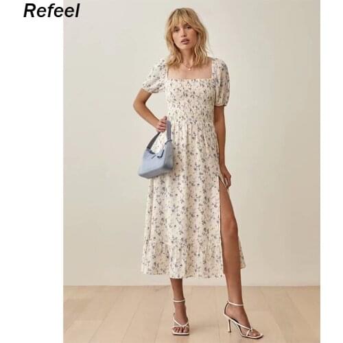 Womens Casual Floral Square Neck Puff Sleeve Long Dress Summer Side Split Ruch Midi Dress Lady Holiday Streetwear Vestidos