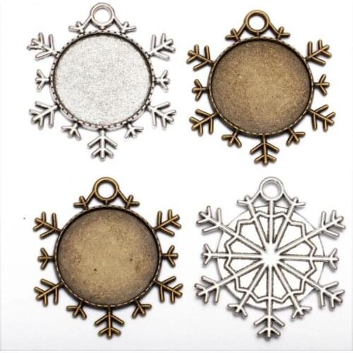 10pcs Snowflake Pendant Setting 25mm Round Glass Cameo Cabochons Bases Bezel Tray for Zinc Alloy Diy Jewelry Accessories