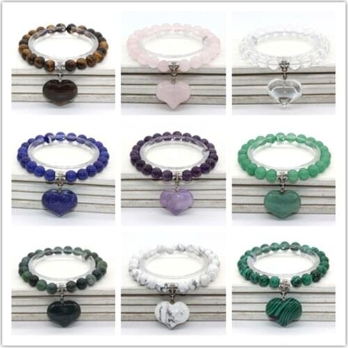 100-Unique 1 Pcs Silver Plated Love Heart Connect Lapis Lazuli 8 mm Round Beads Bracelet Green Aventurine Jewelry