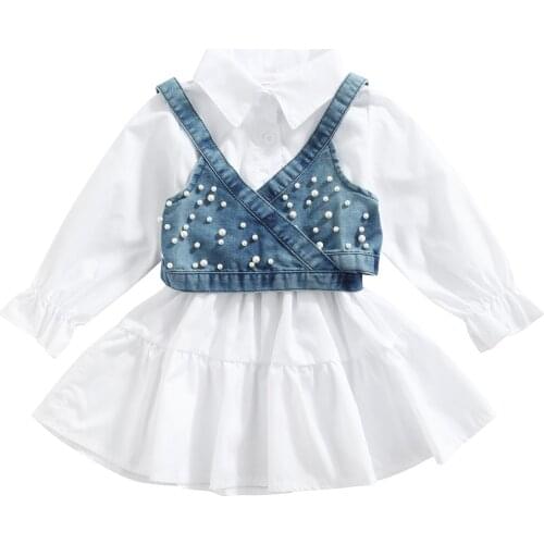 2021 1-6Y Fashion Kids Girl Clothing White Solid Color Lantern Sleeves Shirt Dress+Pearls Denim Beading Vest Spring Fall 2pcs