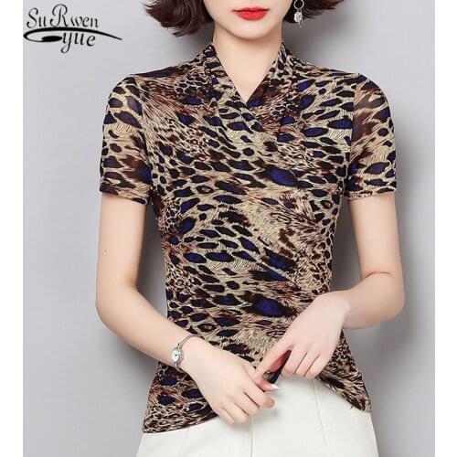 2021 Summer New Printed V Neck Blouse Women Mesh Short Sleeve Womans Blouses Office Lady Korean Style Slim Womans Shirt 10362