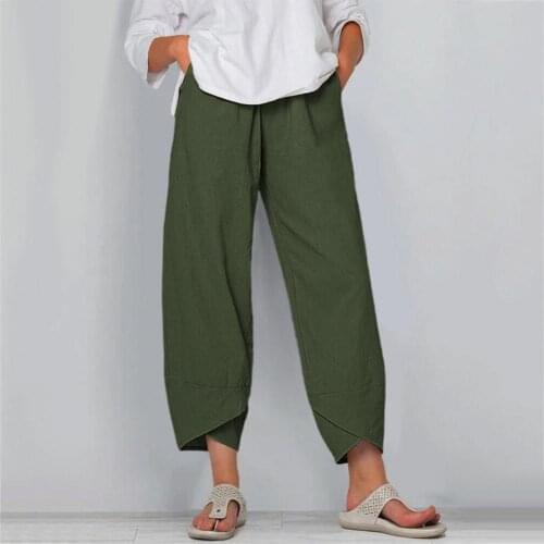 Women Pants Solid Color Pocket Irregular Hem Loose Cropped Pants Cotton Linen Trousers Pockets Irregular Hem Loose Style Pants