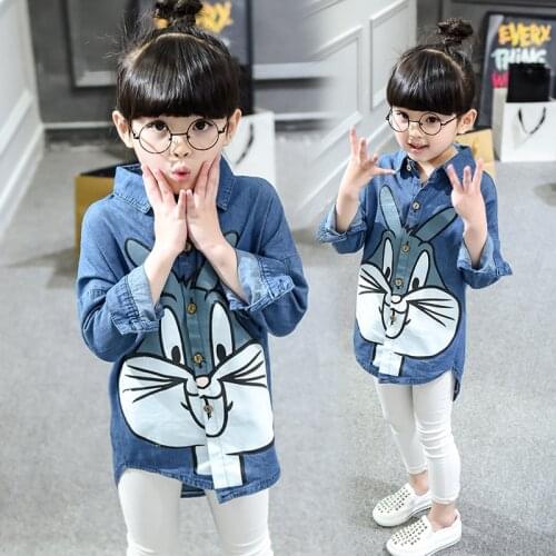 Childrens clothing girls denim shirt spring and autumn new childrens denim shirt in the big boy cartoon rabbit print shirts