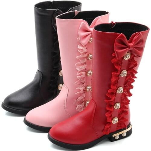 Children Girls Boots Autumn/winter Kids Princess Leather Shoes With Flower Baby Girls Velvet Cotton Boots Fashion Bow Shoes