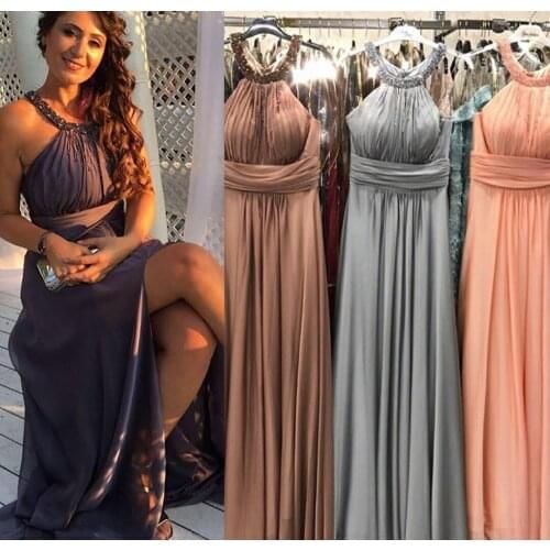 Long Chiffon Beaded Evening Dresses with Slit Corset Back A-Line Floor Length Halter Pleat Abendkleid Robes de Soirée for Women