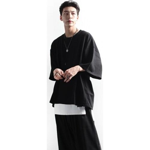 Trendy mens summer casual T-shirt youth fashion round neck bat sleeve splicing loose Short Sleeve T-Shirt Large Size Top