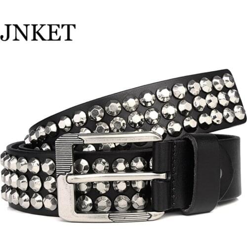 JNKET New Rivets Personality Full Grain Cow Leather Unisex Belt Diamond Shaped Fashion Waist Belt