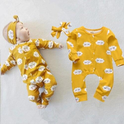 2Pcs Newborn Baby Girls Romper Cartoon Cloud Print Long Sleeve Jumpsuit+Headband Infant Girl Clothing Autumn Toddler Clothes