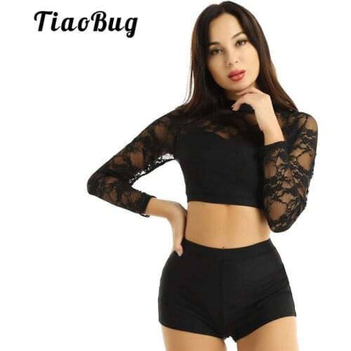 TiaoBug Adult Women Two-piece Dancewear Round Neck Lace Long Sleeve Fitness Dance Ballet Gymnastics Crop Tops with Shorts Set
