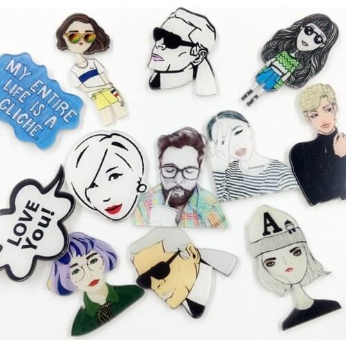 12 Pieces/Lot Cool Sunglasses Men Brooches Killer Gentleman Acrylic Characters Pins Cartoon Portrait Badges Jewelry Accessories