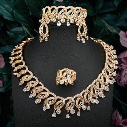 ModemAngel Brand Fashion Gold Color Women Necklace Bangle Earring Ring Fashion Set With Full Cubic Zircons