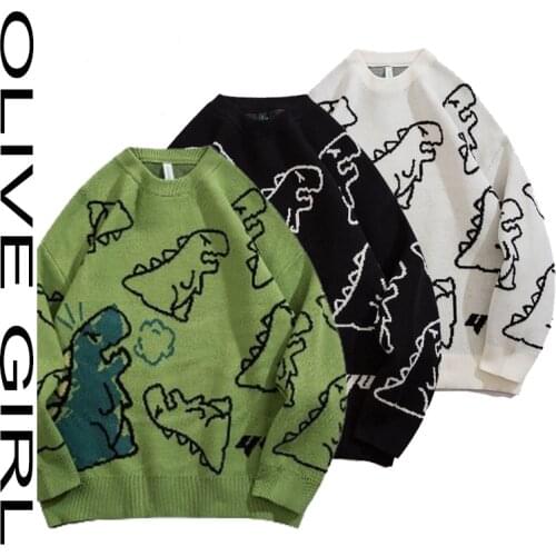 2021 Mens Sweater Super Large Harajuku Fashion Casual Knitting Dinosaur Print O-neck Sweater