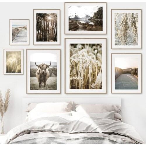 Yak Bridge Wheat Mountain Wood Plank Road Wall Art Canvas Painting Nordic Posters And Prints Wall Pictures For Living Room Decor