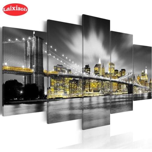 New 5D Round Diamond Painting Natural scenery city night view bridge Sticker Diamond diy Embroidery Home Decoration Mosaic5PCS