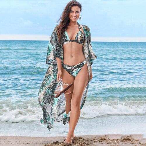 2021 New Chiffon Snakeskin Print Beach Cover Up Women Bikini Cover Up Sexy Cardigan Beach Dress Blouse Tunics Summer Beachwear