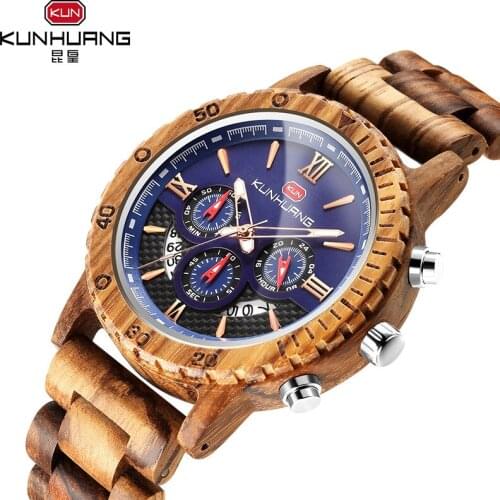 New Sale Kunhuang Wooden Watch Men Wood Watches Mens Watch Fashion Three-Eye Six-Pin Multi Function Quartz Watch Reloj Hombre