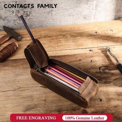 Retro Zipper Pen Pencil Bag Handmade Vintage Genuine Leather Pens Case Storage Pouch School Stationary Large Capacity Easy Carry