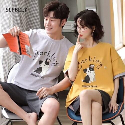 SLPBELY Couple Pajamas Set Summer Cartoon Dog Short Sleeve Men Women Pyjamas Lovers Homewear Leisure Nightwear Sleepwear M-3XL