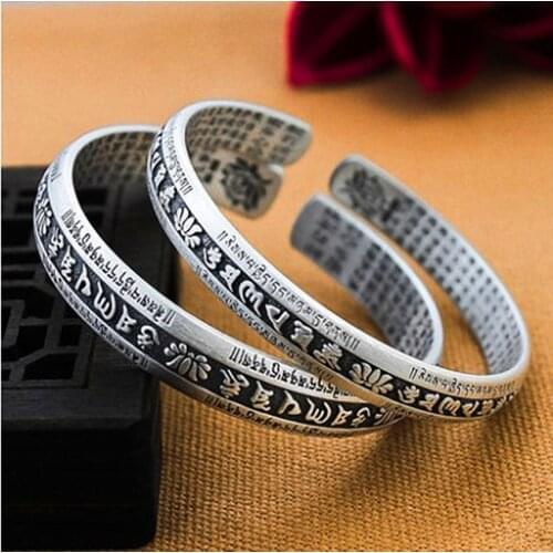S999 pure Silver colour Solid Heart Sutra, Six-character Mantra Retro Lovers Mens Womens Bracelets Open Heart Sutra Bracelet