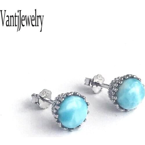 Natural Larimar Stud Earrings Sterling 925 Silver Gemstone 6mm Fine Jewelry for Woman Lady Wedding Party Birthday Gift Box