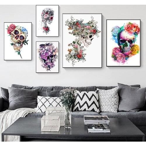 Nordic Skull With Flower Colorful Posters And Prints Wall Art Canvas Painting Human Cranium Pictures For Living Room Home Decor