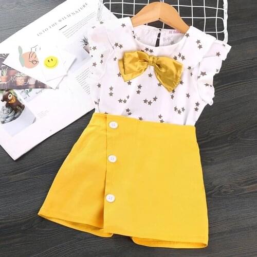 2021 2-7Y Infant Kids Girls Clothes Sets 2pcs Star Print Ruffles Sleeve Bowknot Collar Tops Shorts