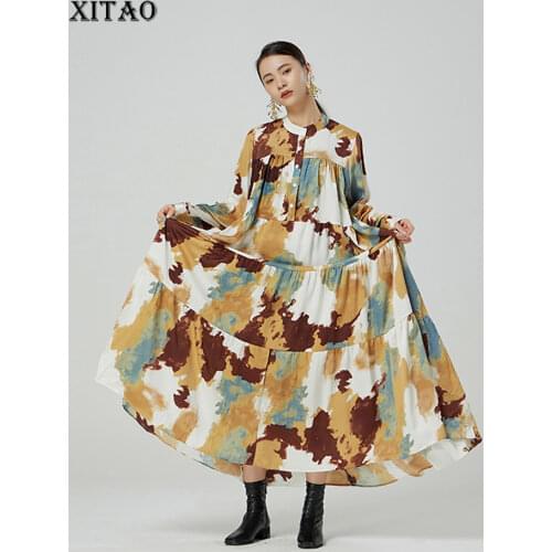 XITAO Print Pattern Dress Fashion New Women Pleated Single Breast Pleated Goddess Fan 2021 Autumn Casual Style Dress WMD2879