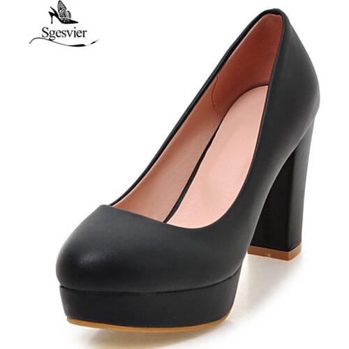 Sgesvier 2019 Office lady work shoes solid pu shallow high heels shoes big size 32-43 women pumps platform shoes contracted B973