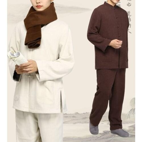 4color Unisex cotton&linen Winter warm zen suit lay meditation uniforms tang suits martial arts nun monk clothing coffee/blue