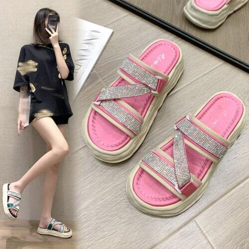 Womens Flat Sandals, Casual Platform Slippers in Korean Style, Fashion Peep Toe Shoes Decorated with Shiny Straps