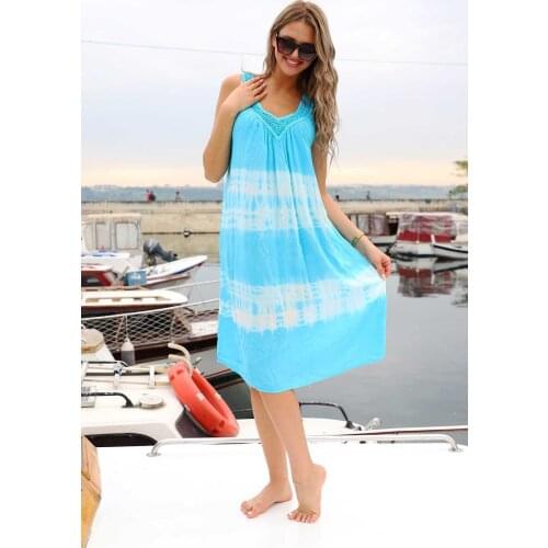 Womens Lace Collar Blue Pareo Beach Dress One Size Pool Sea Swimsuit Summer Sunscreen Dresses 2021 Beach Fashion Casual Cotton