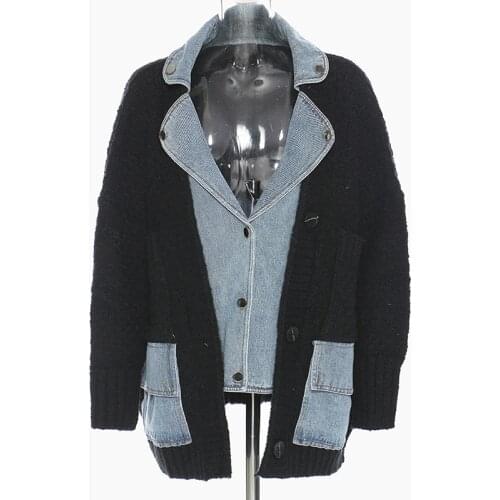 Women Oversize Loose Winter Coat Long False Two Piece Thick Knitted Denim