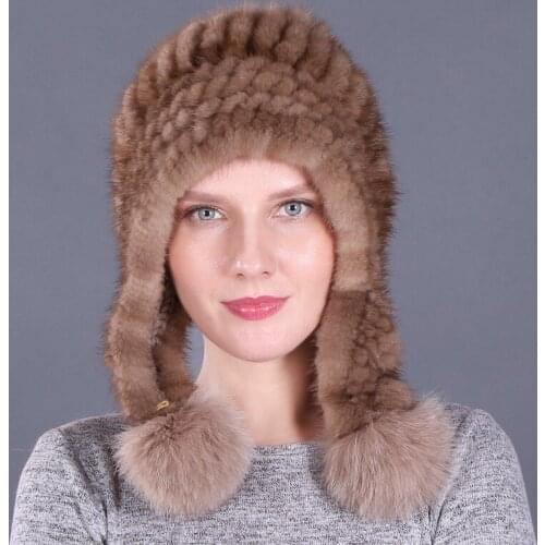 100% Real Mink Wool Woven Ear Protection Hat Warm Autumn And Winter Fox Fur Ball Fur Hat Lady Sweet And Lovely Cap
