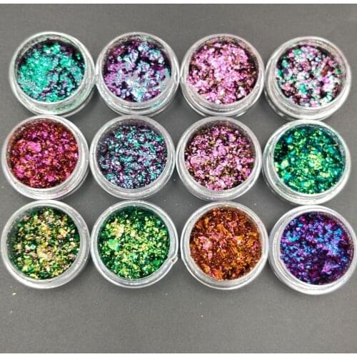 12 Jars/set Chameleon Flake, Color-Changing Mirror Chrome Pigment Multi-Colors Chrome Nail Flakes Galaxy GLITTER Collection,IU67