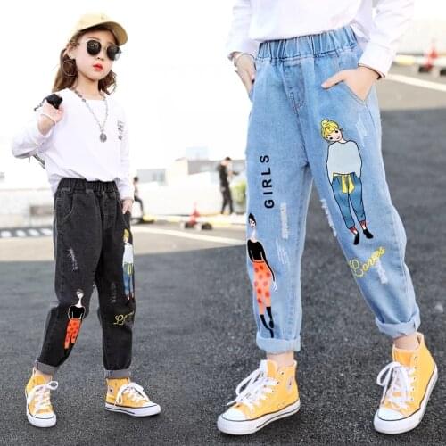 2021 Fashion Cartoon Jeans for Girls Teenage Children Jeans Elastic Waist Denim Pants Kids Trousers for Girls Kids Clothes 4-13T