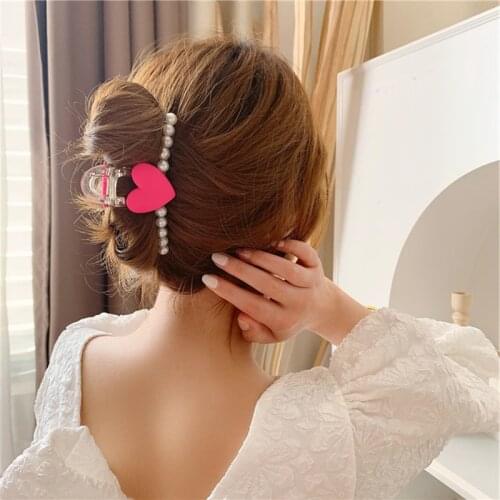 2021 Korea Heart Pearls Acrylic Hair Claw Clips Big Size Makeup Hair Styling Hairpin Barrettes for Women Hair Accessories