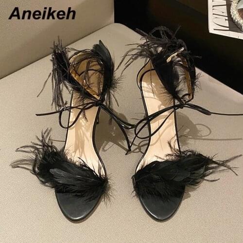 Aneikeh 2021 New PU Fashion Peep Toe Sandals Womens Summer Thin Heels Shoes Party Sexy Basic Solid Sweet FEATHER Elegant White