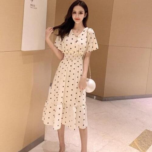 Preppy Style A-line Casual Daily Dot Mid-calf Fashion V-neck Sexy Club Black Red Beige Elegant Summer Dress Women Dress Vestidos