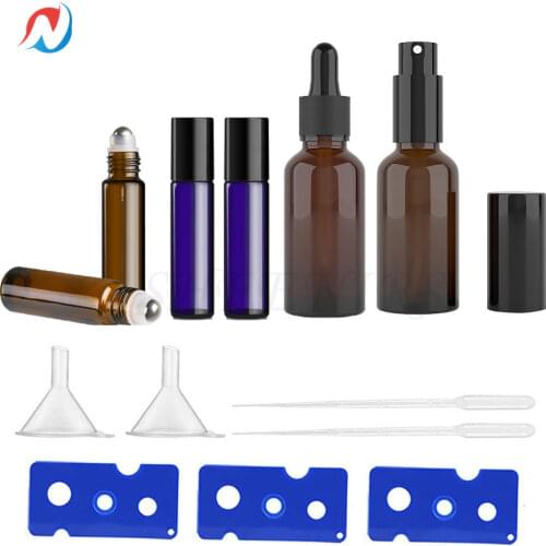 Sheenirs 6pcs Glass Bottle Set 30ml 1oz Amber Mist Spray Bottles Glass Dropper Bottle Essential Oil Roller Bottles Aromatherapy