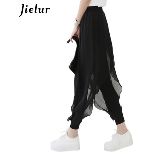 Jielur Summer Casual Fashion Harem Pants 2021 Ladies Loose Chiffon Women Pants Black Pantalon Female Plus Size Femme Trousers