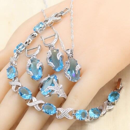 Sky Blue Semi-precious Silver Color Jewelry Sets with Bracelet For Women Necklace Pendant Earrings Ring Birthday Gift Jewelry