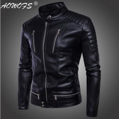 AOWOFS British Motorcycle Leather Jacket fashion Mens black PU Bomber Jackets male Classic Design Multi-Zippers Biker Punk coats