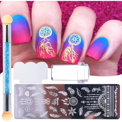 Nail Stamping Kit Dreamcatcher Leaf Stamping Plates Dandelion Snowflakes Nail Stencil Silicone Stamper Scraper Set FBSTZN01-12-A