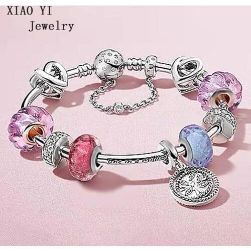 XIAOYI 2020 new 100% S925 Spring love the most purple pink wave coloured glaze life of the tree bracelet fashion female