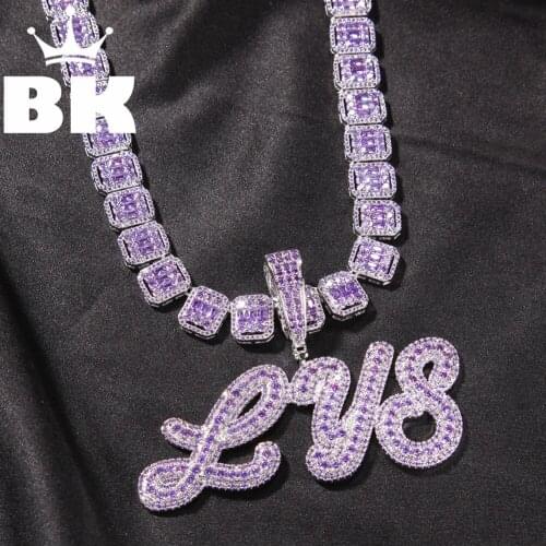 The Hiphop Custom Name Necklace Cursive Letters With Iced Out Cuban Chain DIY Pink Initial Necklace Personalised Hiphop Jewelry