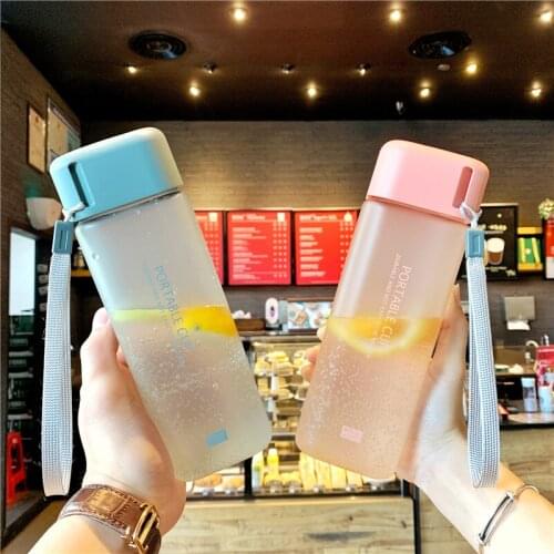 New Square Plastic Water bottle 600ml for Water Bottles to drink with Rope Transparent or Frosted Sport Korean style Heat resist