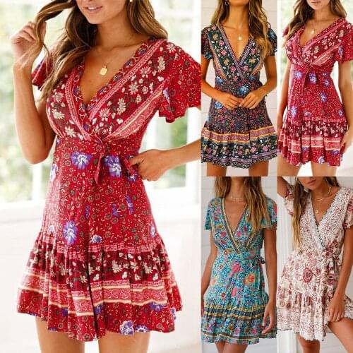 A-Line Short Sleeve Summer Dress V Neck Ladies Beach Sundress Mini Dress Lace-Up Office Ol Dress D30