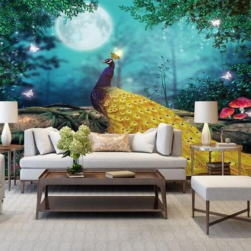 Custom 3D Wall Murals Wallpaper Moon Peacock Forest Photo Wall Painting Living Room Bedroom Background Decorative Art Wallpaper