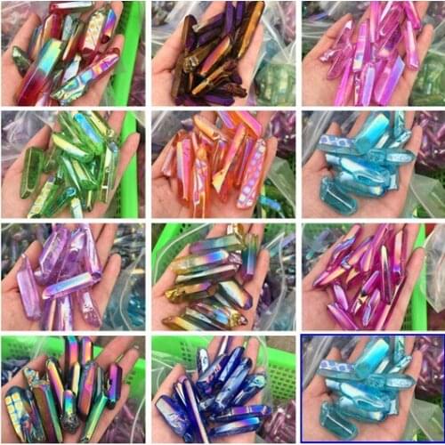 100g Natural Crystal quartz point Aura stone with titanium electroplated