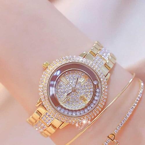BS Hot-selling Rhinestone Bead Luxury Womens Watch Fashion Gold Silver Quartz Wrist Watch Stainless Steel Waterproof Clock